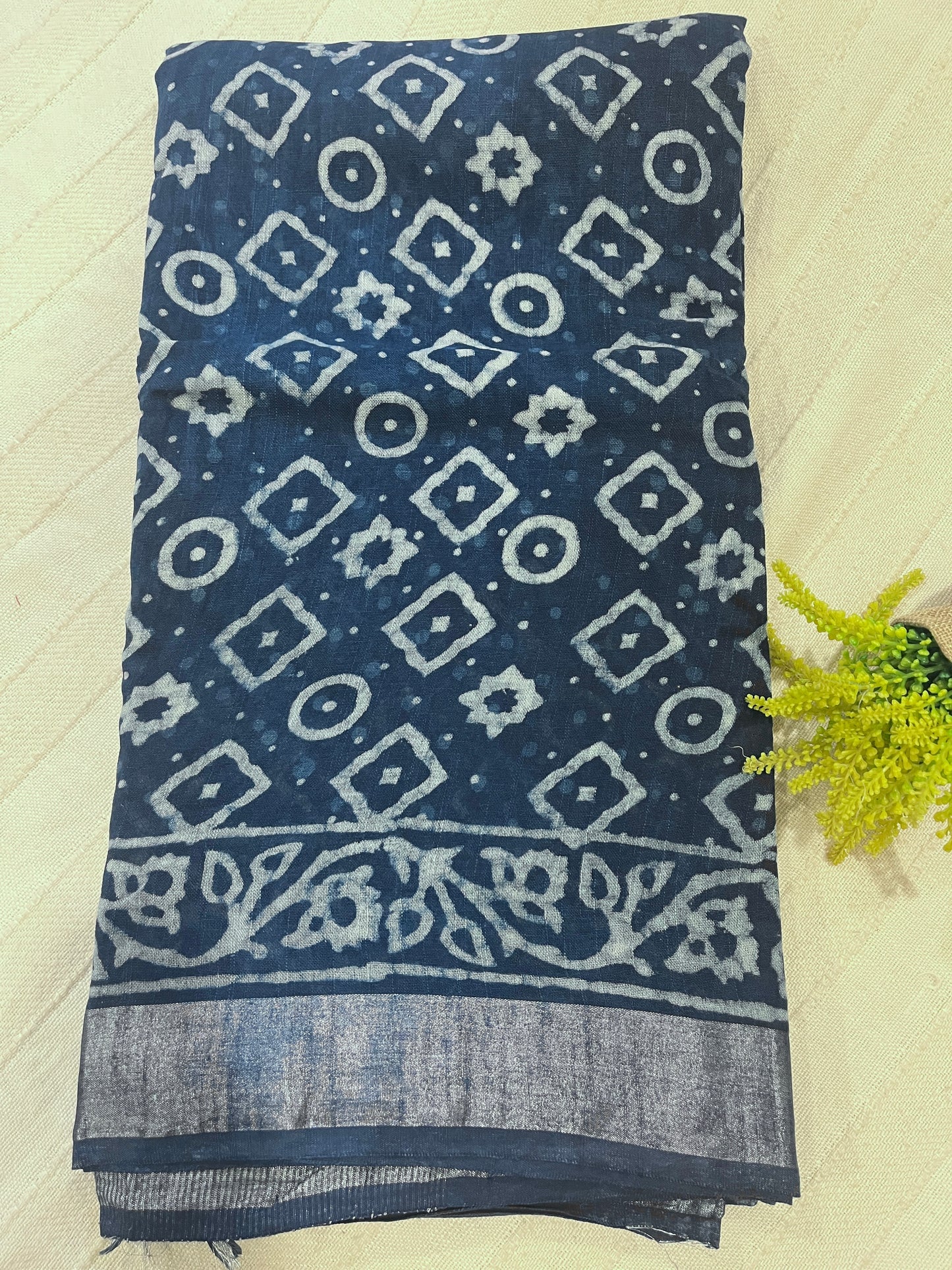 Indigo Handblock Linen Cotton Saree