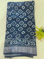 Indigo Handblock Linen Cotton Saree