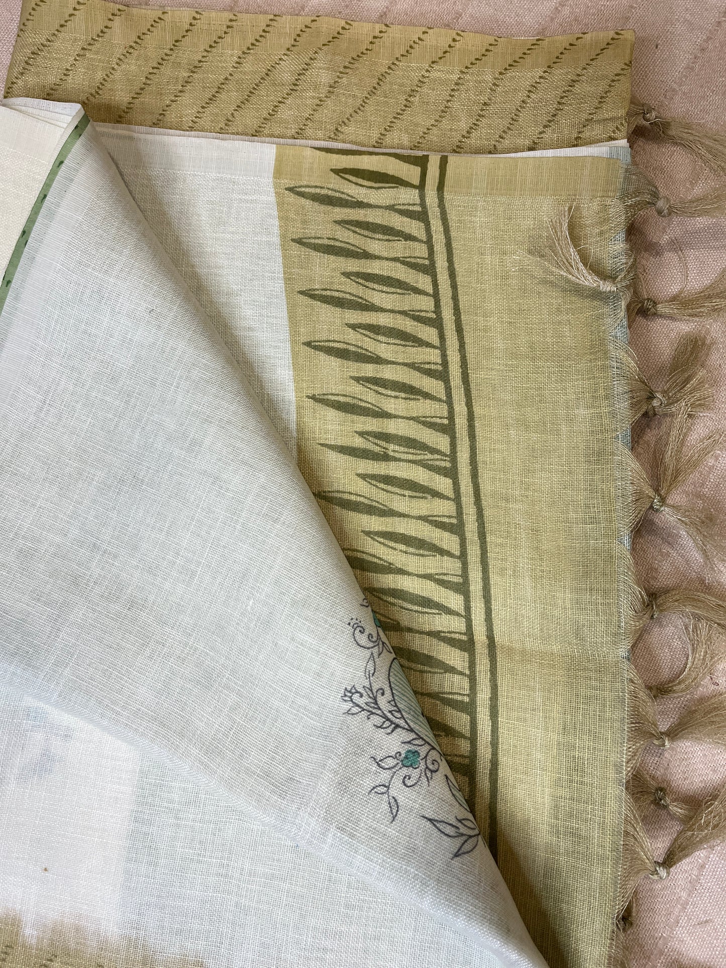 Quirky Linen Cotton Saree - Mehendi Green Elephants