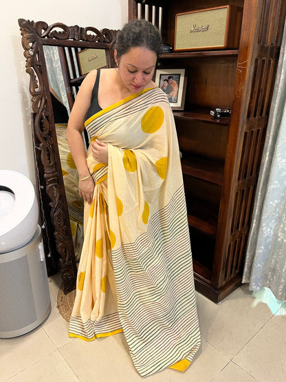 ‘Bindi Tales’ Handblock Mul Cotton Saree - Yellow on Off-white