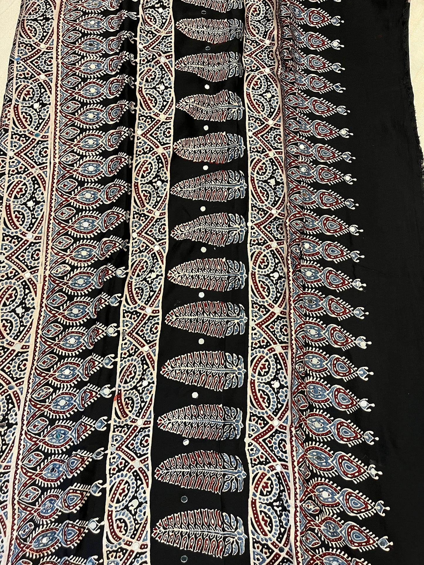 Ajrakh Modal Silk Saree with Mirror Work - Black Half & Half