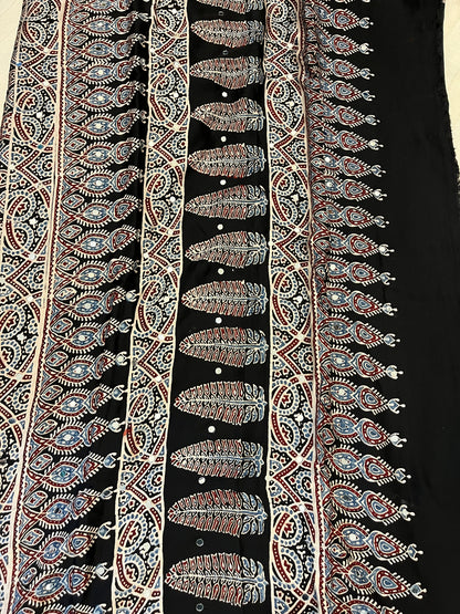 Ajrakh Modal Silk Saree with Mirror Work - Black Half & Half