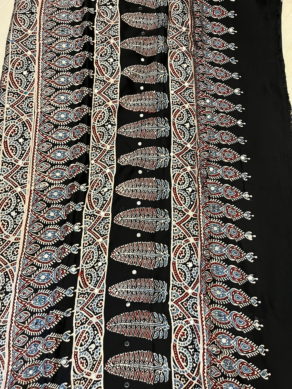 Ajrakh Modal Silk Saree with Mirror Work - Black Half & Half