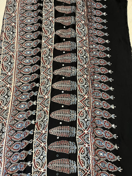 Ajrakh Modal Silk Saree with Mirror Work - Black Half & Half
