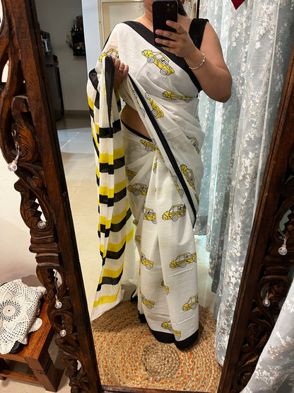 Taxi Print Quirky Mul Cotton Saree