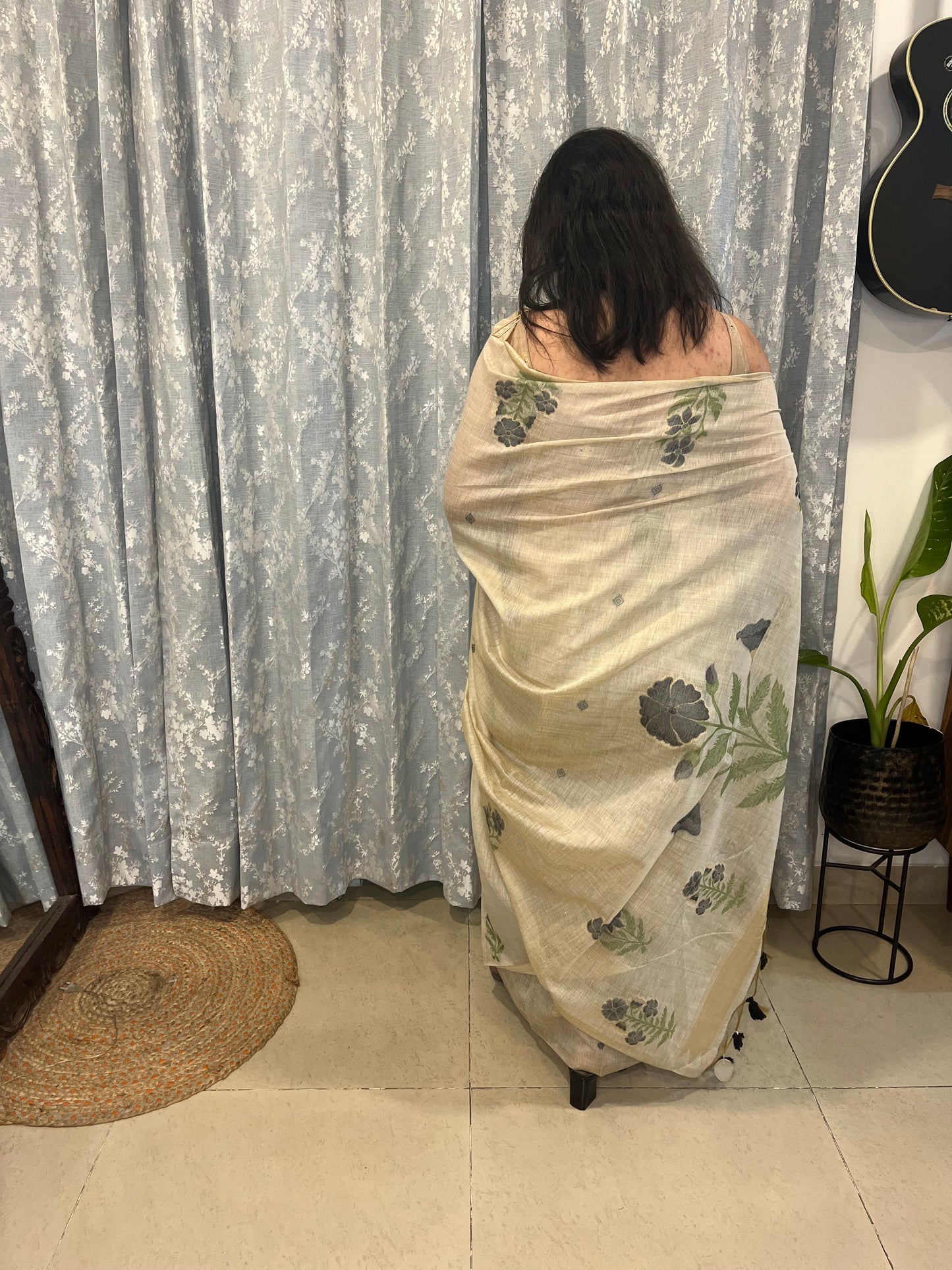 Chanderi Cotton Jamdani Saree - Black Flower Weaving