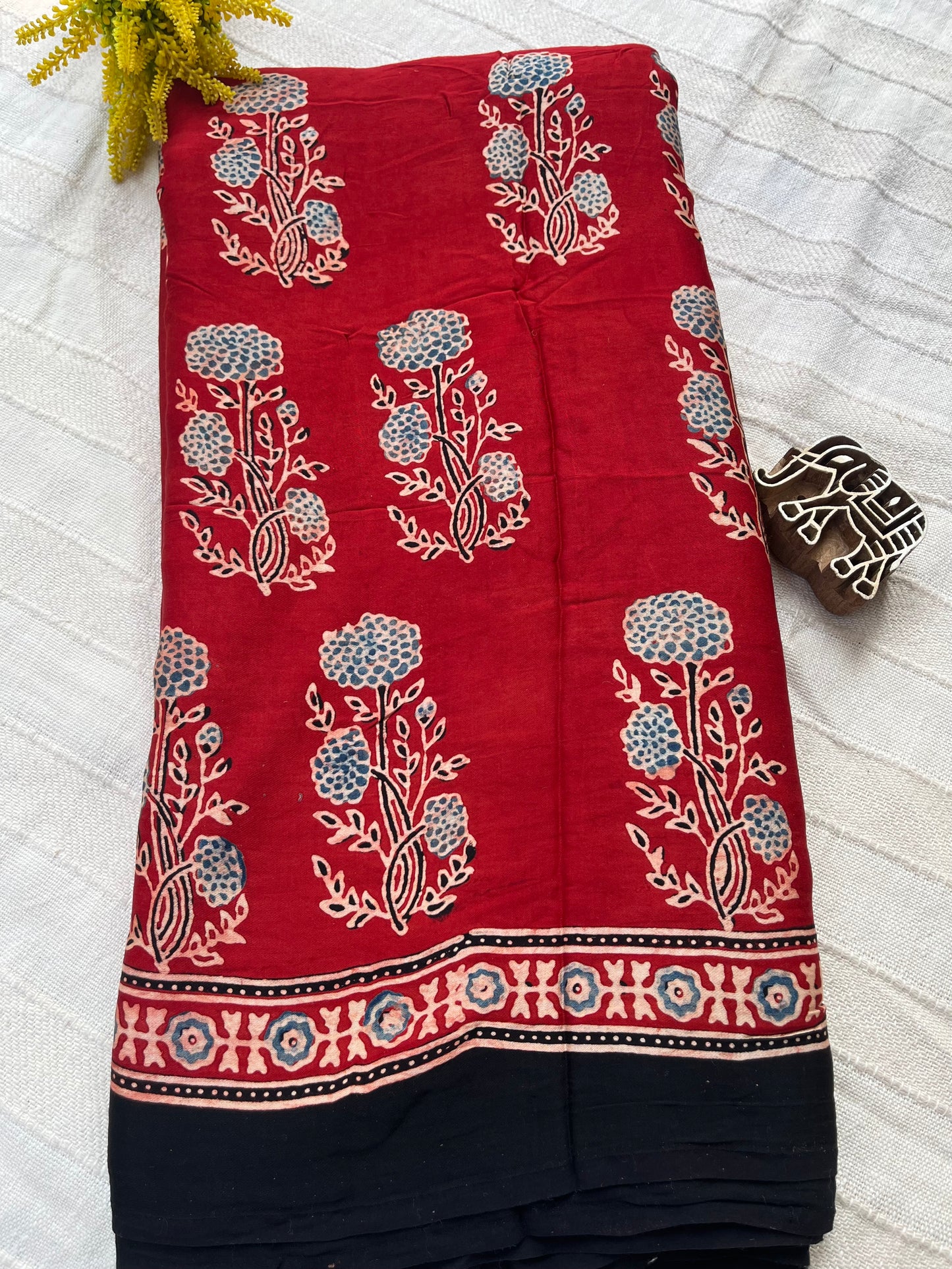 Ajrakh Modal Silk Saree - Red Flower Motifs (with tasssels)