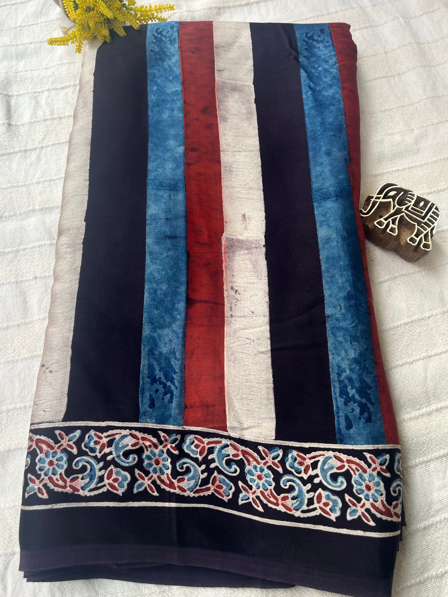 Contemporary Ajrakh Modal Silk Saree - Multi Stripes