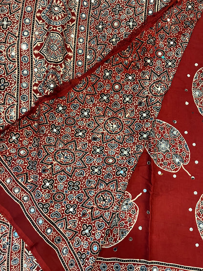 Ajrakh Modal Silk Saree with Mirror Work - Red Leaf Motifs