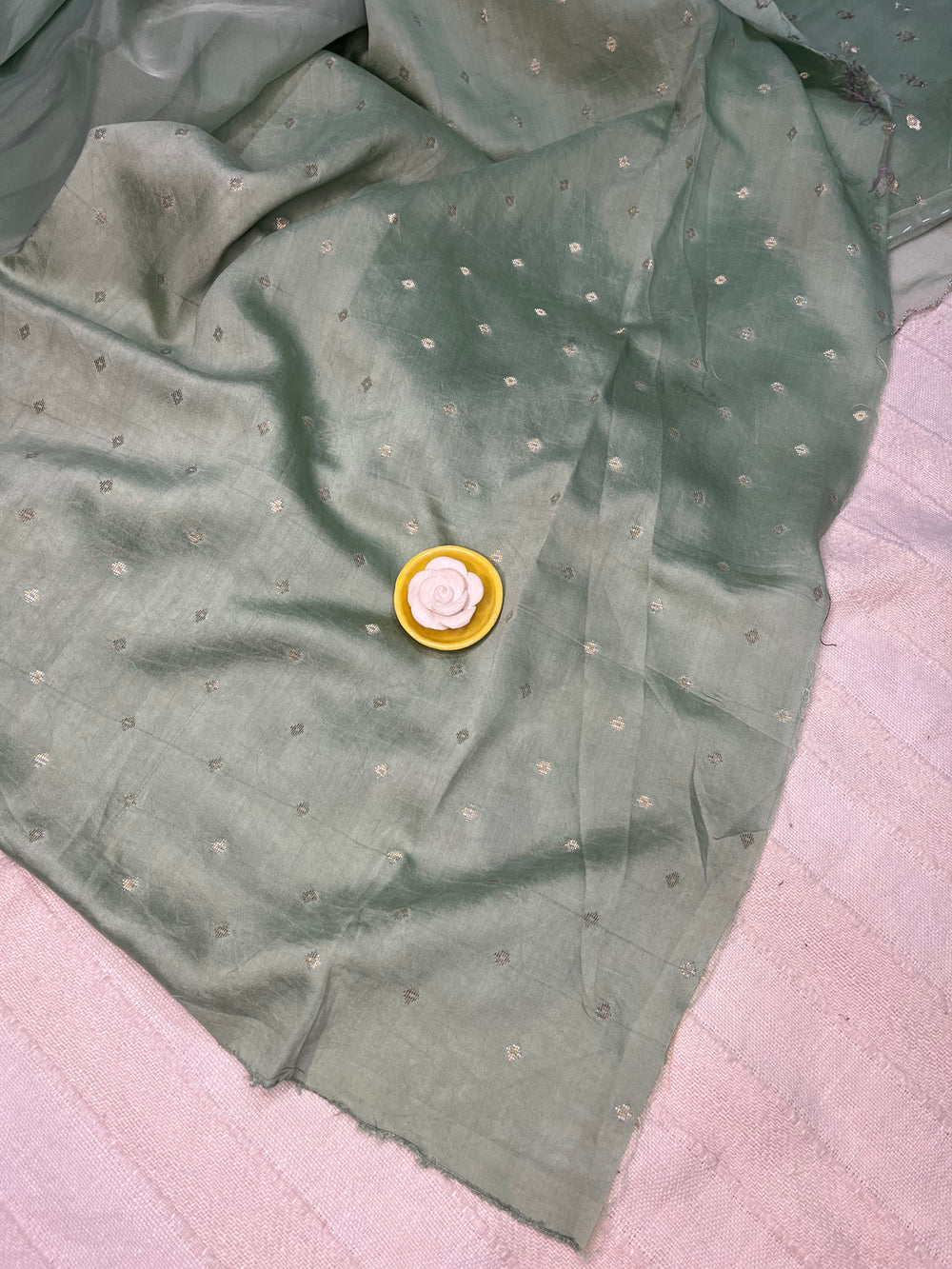 Crepe Organza Handpainted Saree with Embroidery- Rama Green