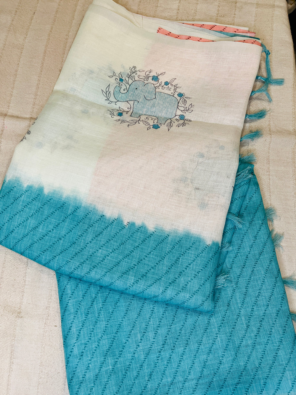 Quirky Linen Cotton Saree - Aqua Elephants
