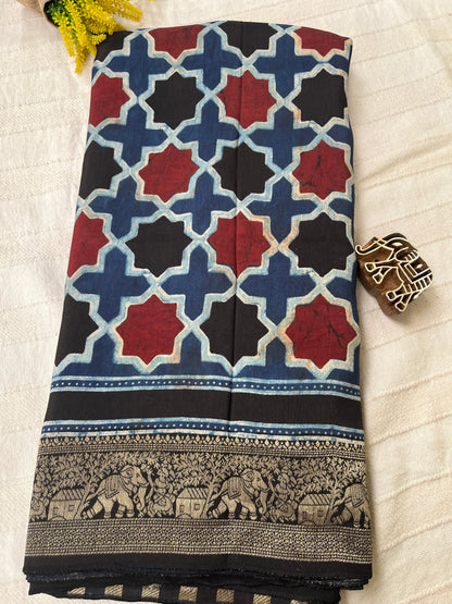 Ajrakh Dola Silk Saree - Indigo Cobra (with tassels)