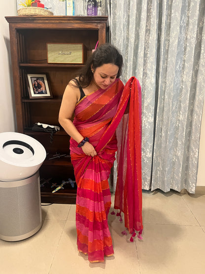 Pink Orange Striped Zari Mul Cotton Saree (No Blouse piece)