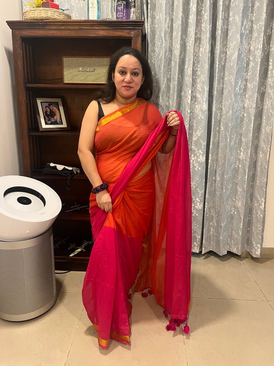 Zari Mul Cotton Saree - Pink Orange Half & Half (No Blouse piece)