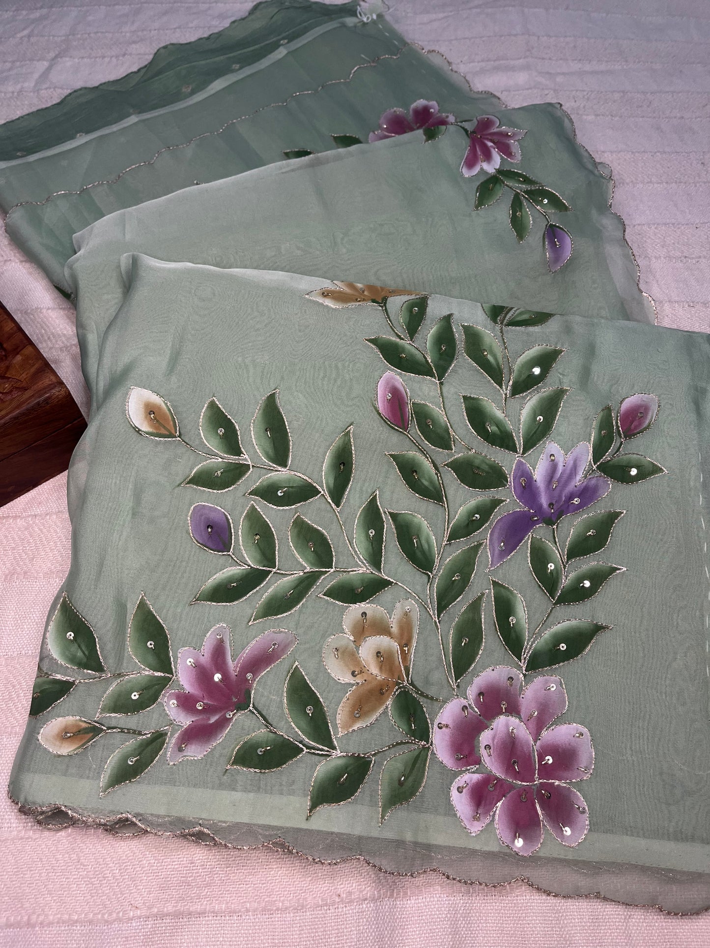 Crepe Organza Handpainted Saree with Embroidery- Rama Green