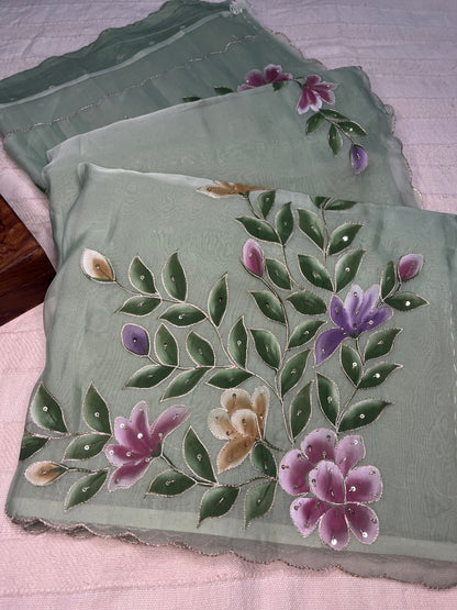 Crepe Organza Handpainted Saree with Embroidery- Rama Green