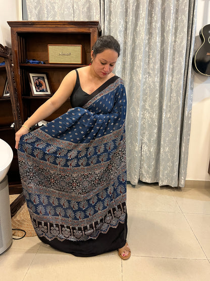 Ajrakh Modal Silk Saree - Indigo Small Buttis