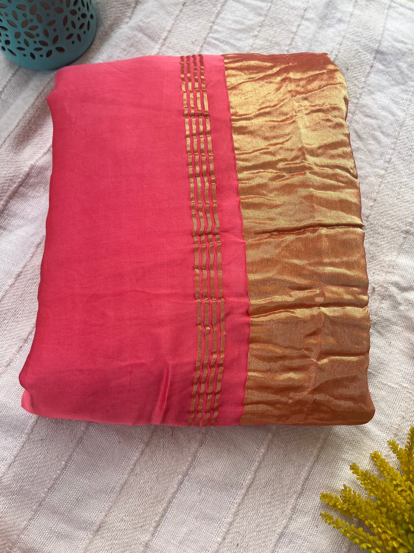 Peach Plain Modal Silk Saree with Tissue Palla and Tassels