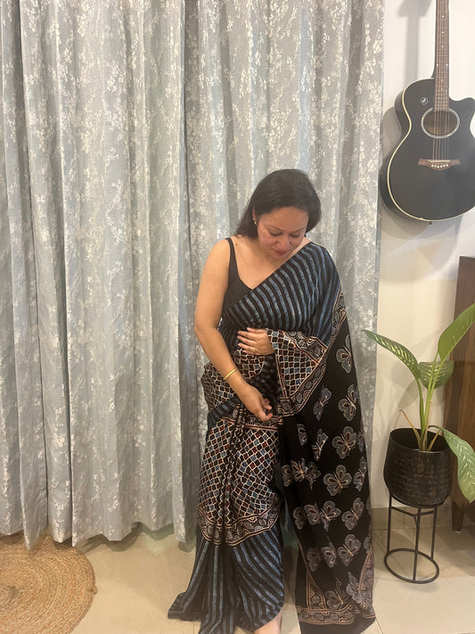 Contemporary Ajrakh Modal Silk Saree - Stripes with Cobra Print