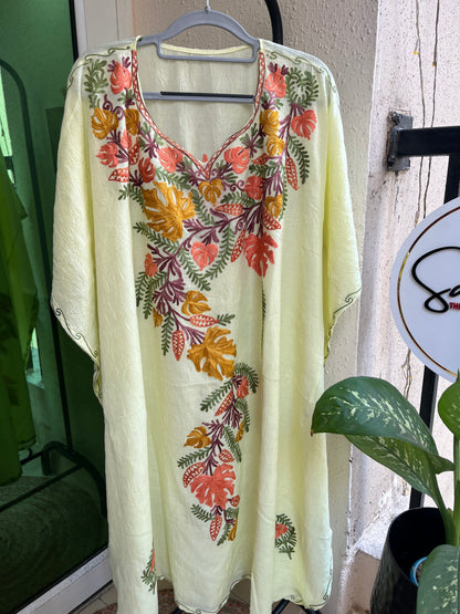 Crush Cotton Aariwork Kaftan - Lemon
