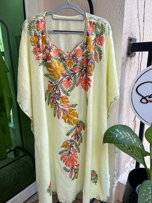 Crush Cotton Aariwork Kaftan - Lemon