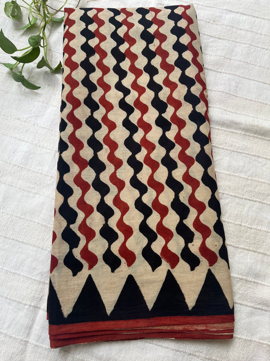 Abstract Handblock Mul Cotton Saree - Red-Black-Beige