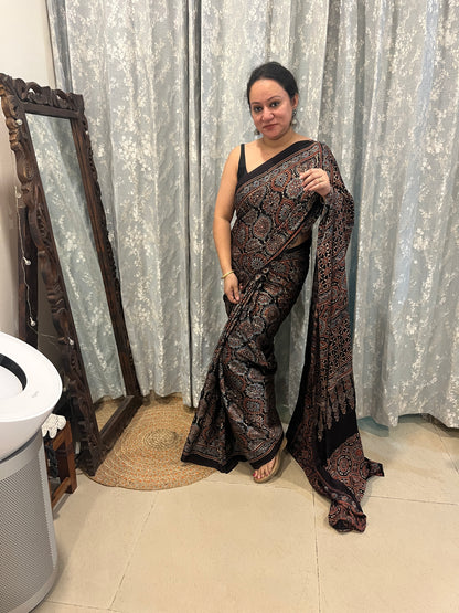 Ajrakh Modal Silk Saree - Black Badam Block
