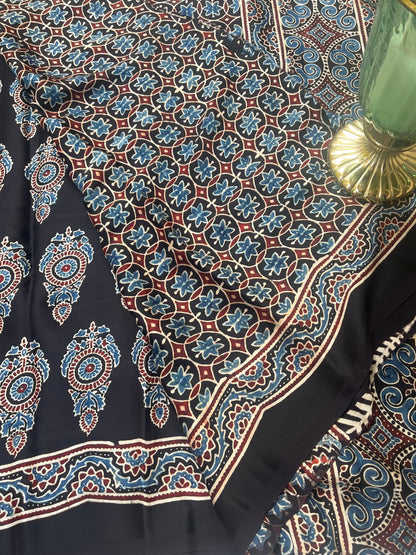 Ajrakh Modal Silk Saree - Black