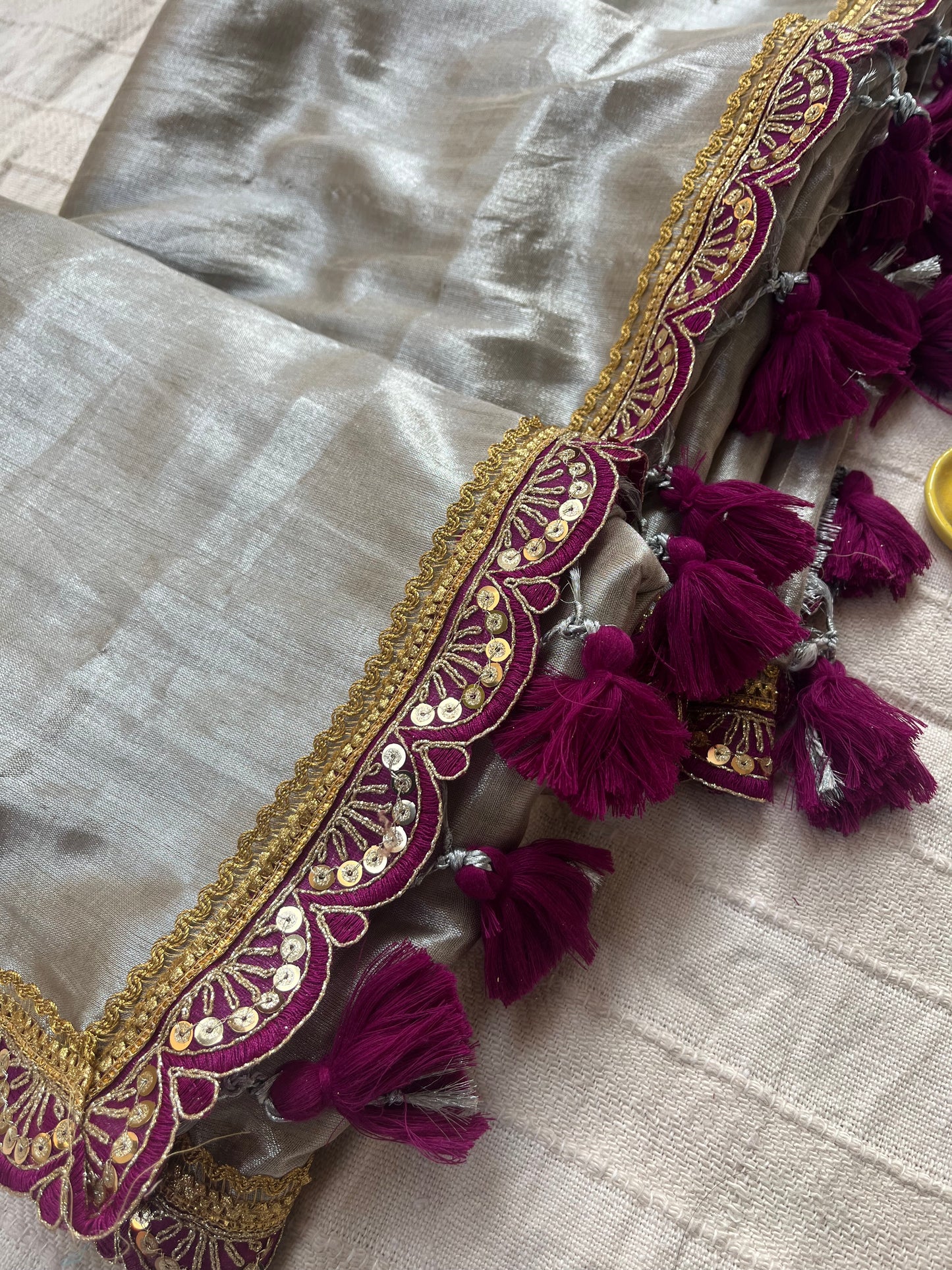 Raga Tissue Saree with Lace and Tassels - Silver & Purple