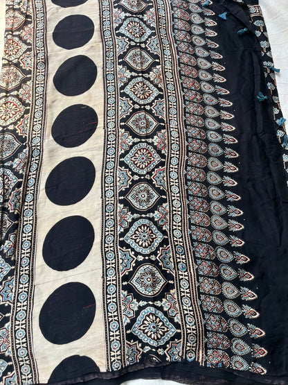 Ajrakh Modal Silk Saree - Black Lotus Motifs (with tasssels)
