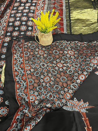 Ajrakh Modal Silk with Lagadi Patta - Black