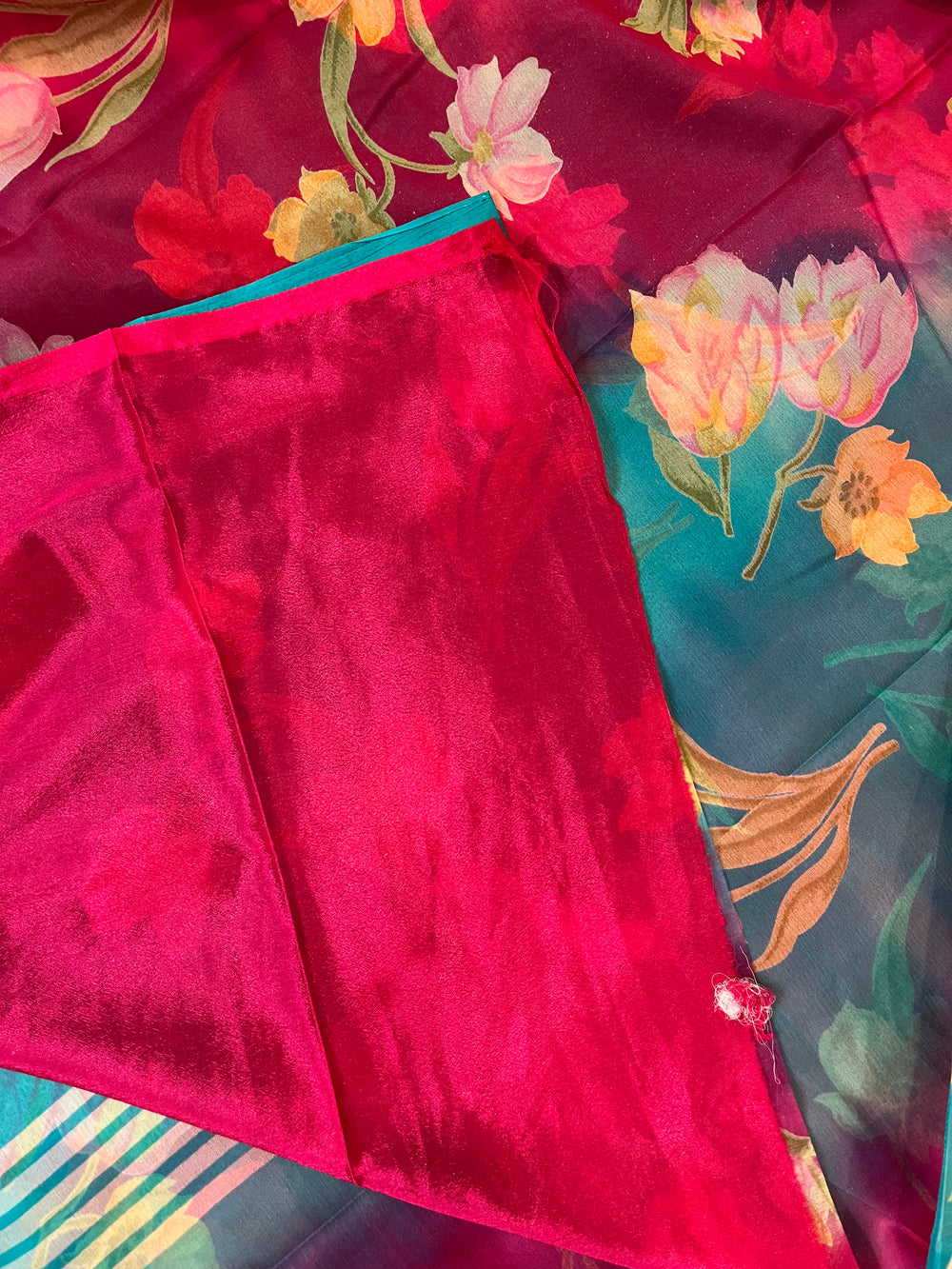 Semi Chiffon Floral Saree Dual Tone - Pink-Teal