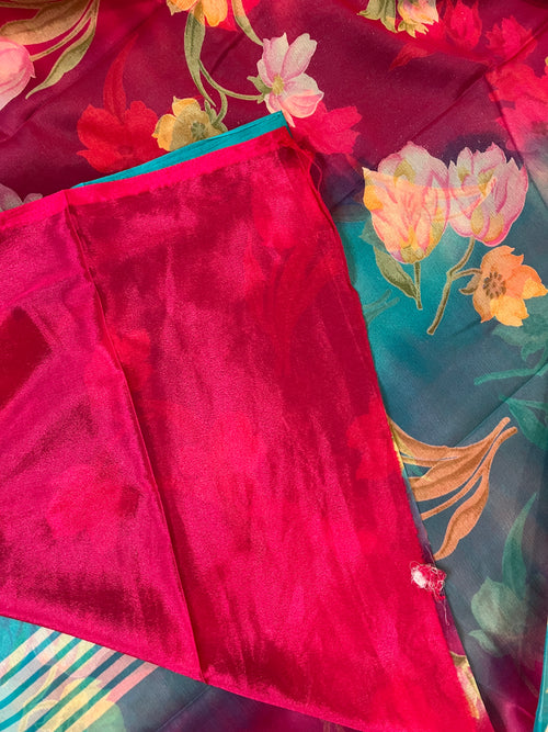 Semi Chiffon Floral Saree Dual Tone - Pink-Teal