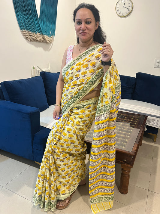 Lotus Handblock Mul Cotton Saree - Yellow