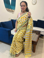 Lotus Handblock Mul Cotton Saree - Yellow