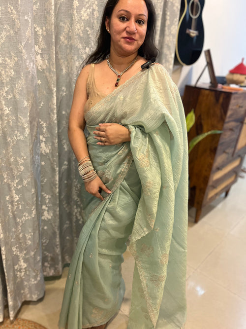 Pitta Work Crepe Tissue Saree - Sea Green