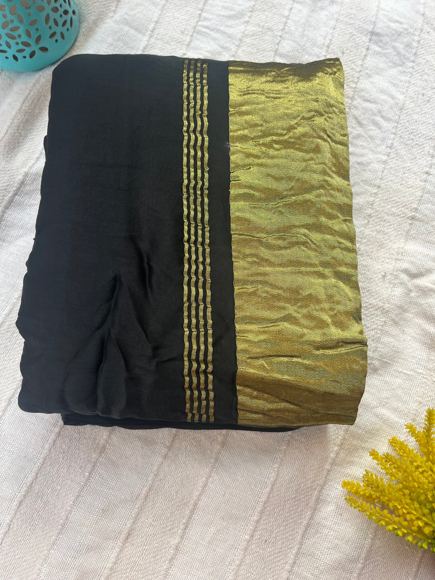 Black Plain Modal Silk Saree with Tissue Palla and Tassels