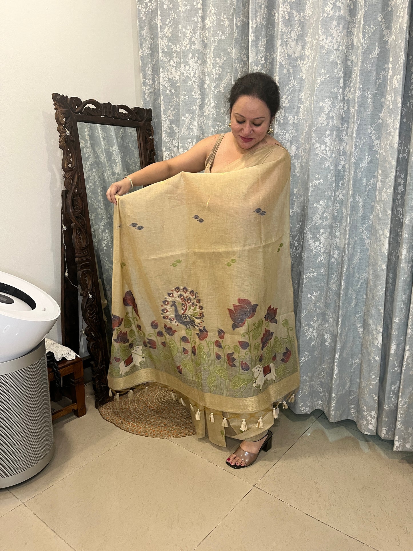 Chanderi Cotton Jamdani Saree - Beige Pichwai