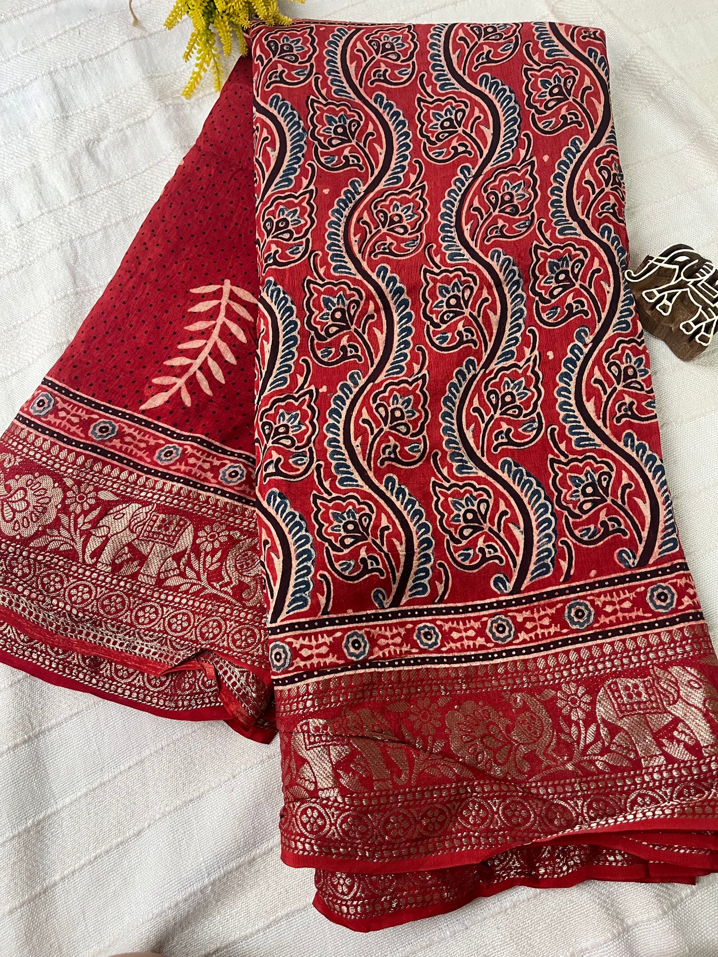 Ajrakh Dola Silk Saree - Red Leaf Motifs