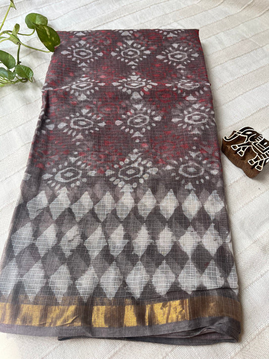 Handblock Kota Doria Saree - Dabu Print