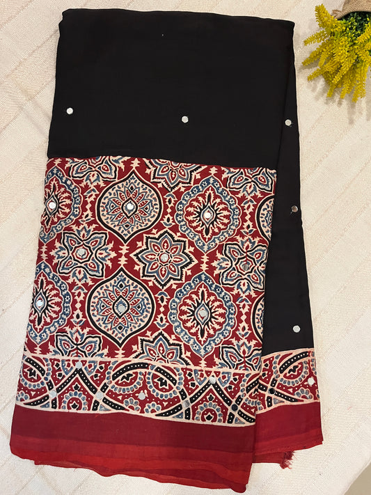 Ajrakh Modal Silk Saree with Mirror Work - Black-Red Half & Half