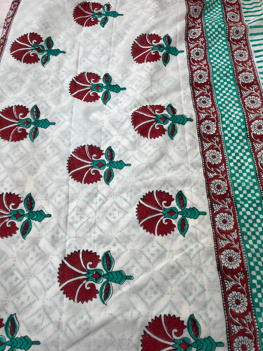 Lotus Handblock Mul Cotton Saree - White