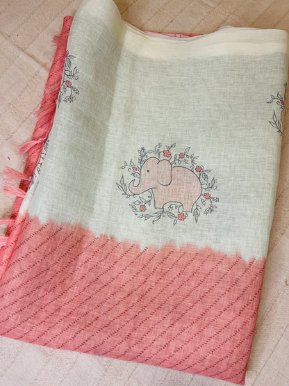 Quirky Linen Cotton Saree - Peach Elephants