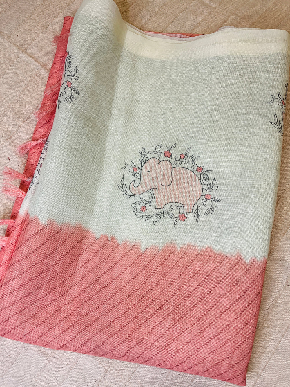 Quirky Linen Cotton Saree - Peach Elephants