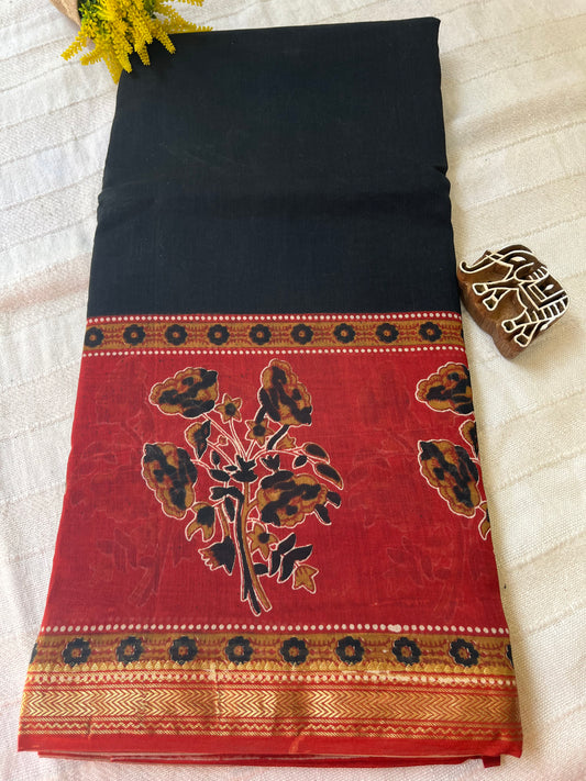 Bagru Handblock Maheshwari Cotton Silk Saree - Black Red