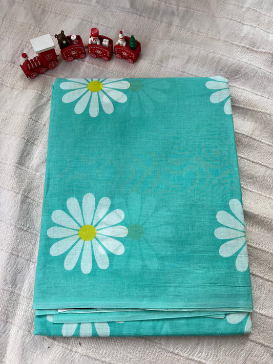 Sea Green Flower Print Running Mul Cotton Saree