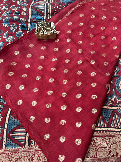 Ajrakh Dola Silk Saree - Deep Red Badam Block (with tassels)