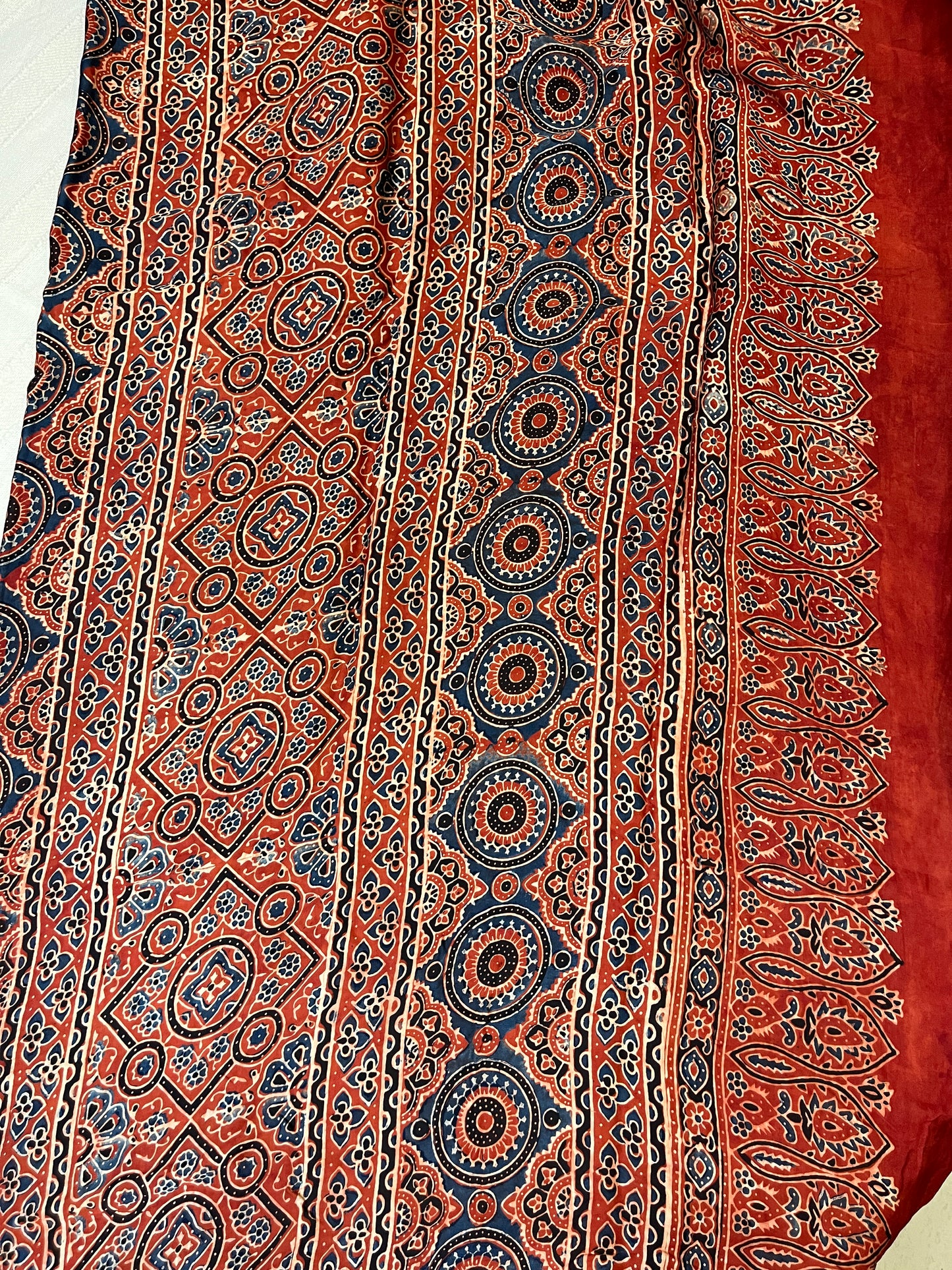 Ajrakh Modal Silk Saree - Rust Red Lotus Motifs