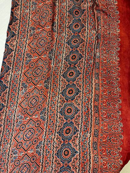 Ajrakh Modal Silk Saree - Rust Red Lotus Motifs
