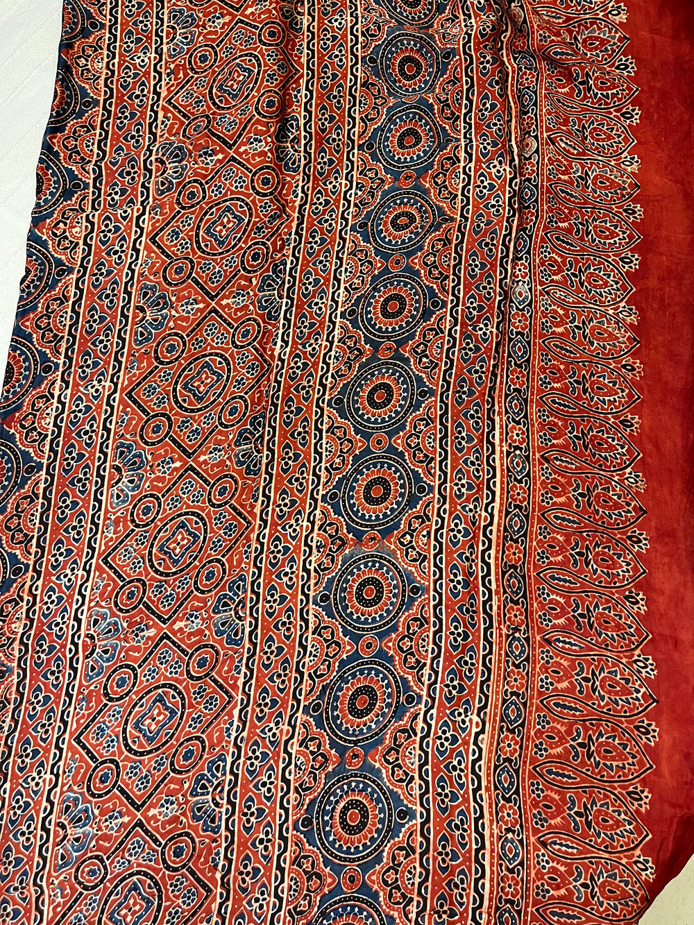 Ajrakh Modal Silk Saree - Rust Red Lotus Motifs